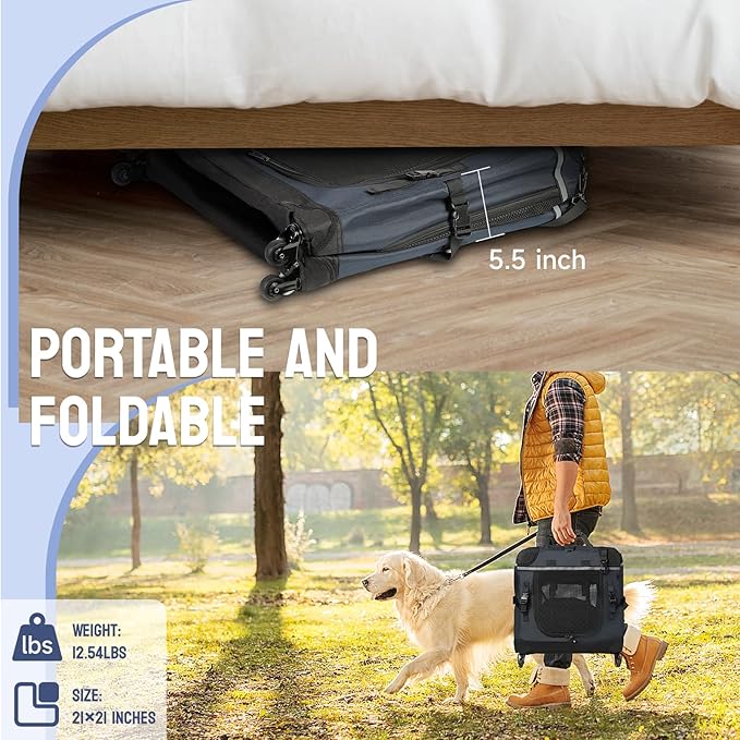 30IN Soft Collapsible Dog Crate w Detachable Wheels, Rolling Travel Dog Crate for Medium Breed Dogs, Portable Dog Kennel with Mesh Windows, Indoor & Outdoor Uses-PawvioPets