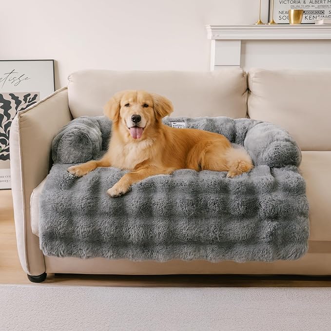 FUNNY FUZZY Pet Fluffy Fuzzy Calming Dog Couch Bed Sofa Protector Washable Pets Mat for Large Medium Small Dogs and Cats (Grey,37.4 × 33.46 × 6.3 in)-PawvioPets