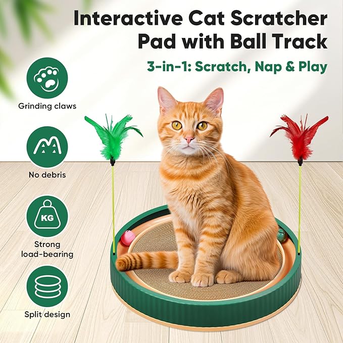 20-Inch Round Cat Scratcher with Ball Track – 3-in-1 Cardboard Scratching Pad with Feather Toy & Non-Slip Base – Interactive Cat Toy for Indoor Cats, Kittens & Large Cats (Green)-PawvioPets