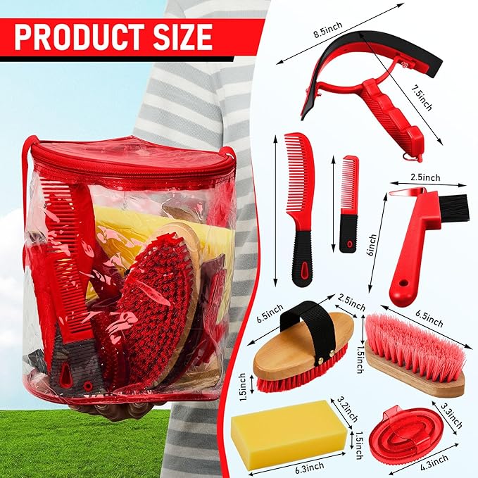 9 Pieces Horse Grooming Kit Tack Room Supplies Set with Organizer Tote Bag, Oval Massage Curry, Hard and Soft Brush, Hoof Pick, Sweat Scraper, Bathing Sponge, Combs for Horse Riders Beginners (Red)-PawvioPets