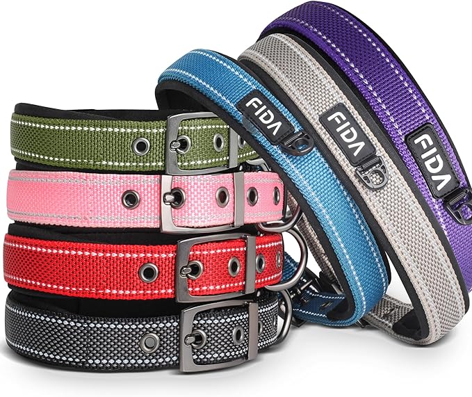 Fida Heavy Duty Dog Collar, Ultra Comfortable Soft Neoprene Padded, Adjustable Reflective Nylon Pet Collar with Durable Metal Belt Buckle for Medium Breeds (M, Purple)-PawvioPets