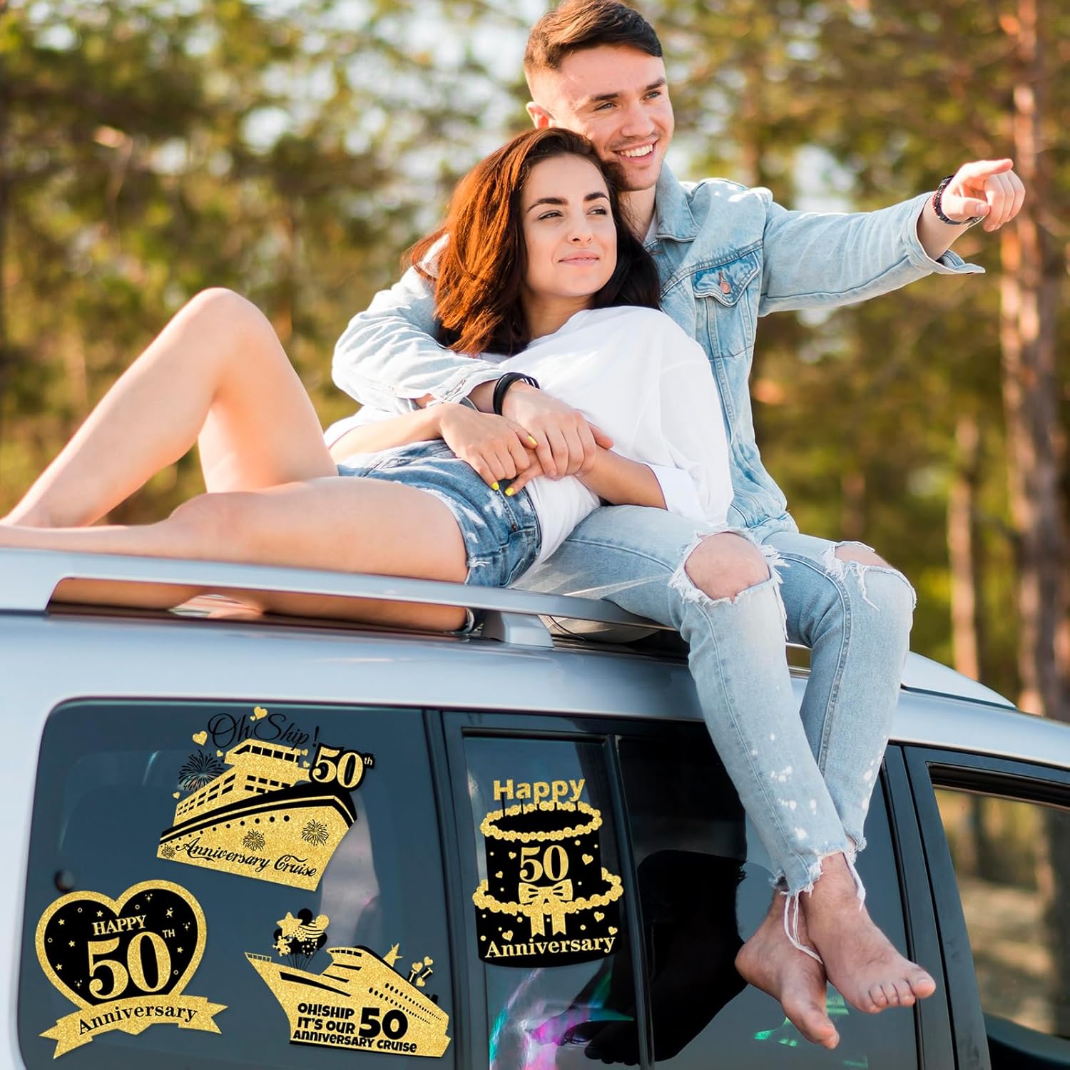 4 PCS Large 50th Anniversary Cruise Door Magnets Decorations Happy 50th Anniversary Cruise Ship Door Decor Magnetic Wedding Magnets Garage Refrigerator Car Magnets for Cabin Stateroom (Black Gold)