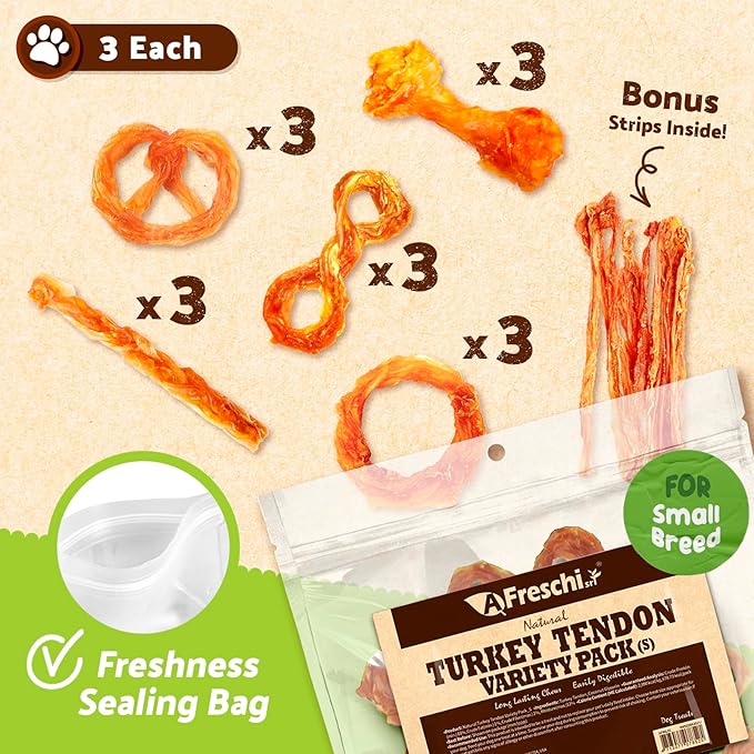 Afreschi Turkey Tendon Variety Pack (S) 8 oz, USA-Sourced Turkey Tendon, All Natural Puppy Chew, Hypoallergenic, Rawhide Alternative-PawvioPets
