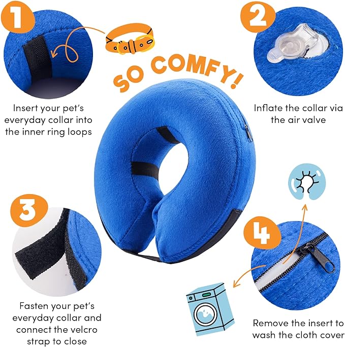 BENCMATE Inflatable Dog Cone Collar Alternative, Soft Dog Cone for Small Medium Large Dogs and Cats, Neck Recovery ECollar Donut Collar After Surgery (Large+, Donut-Blue)-PawvioPets