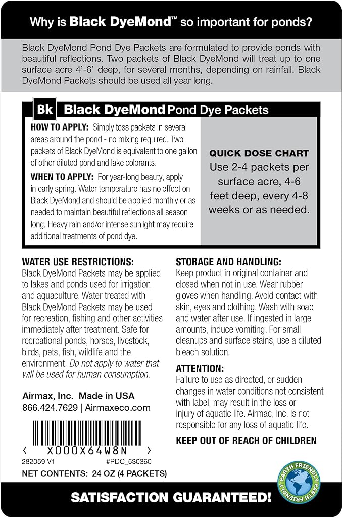 Airmax Black DyeMond Pond Dye Packets Natural Water Colorant for Ponds, Beneficial UV Blocking Color Concentrate, Maintain Clean & Clear Water, Fish, Bird & Animal Safe, 16 Packet-PawvioPets
