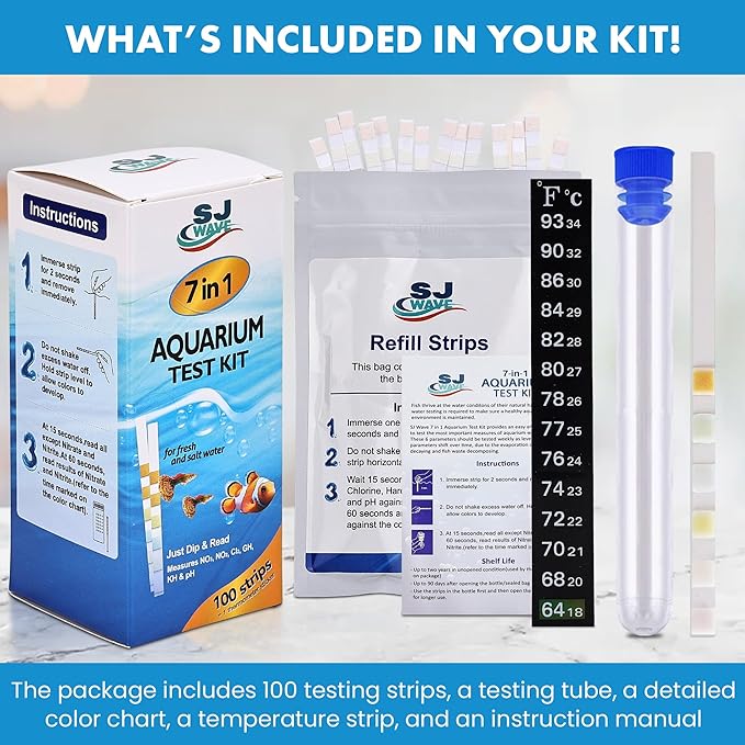 7 in 1 - Aquarium Test Strips | 100 Fast & Accurate Strips | Fish Tank Aquariums Water Test Kit & ebook | Aquarium Thermometer | Fish Tank Water Testing Kit for Fresh & Saltwater | Versatile Usage-PawvioPets