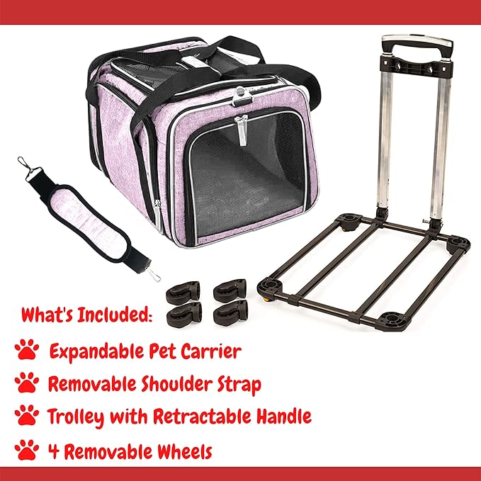 Airline Approved Expandable Premium Pet Carrier on Wheels- Two Sided Rolling Carrier- Designed for Dogs & Cats- Extra Spacious Soft Lined Carrier! - Pink (RL-PET-CARRIER-WHEELS)-PawvioPets
