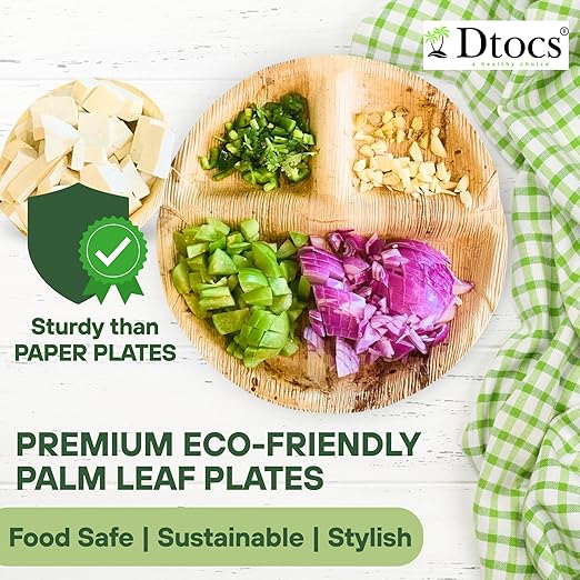 Dtocs 3 Compartment Plates (50 Pc) Palm Leaf 10 Inch Round Portion Control Buffet Sectional Plate | Bamboo Plates Disposable Like Compostable Camping Dinnerware Stronger than Divided Paper, Styrofoam-PawvioPets