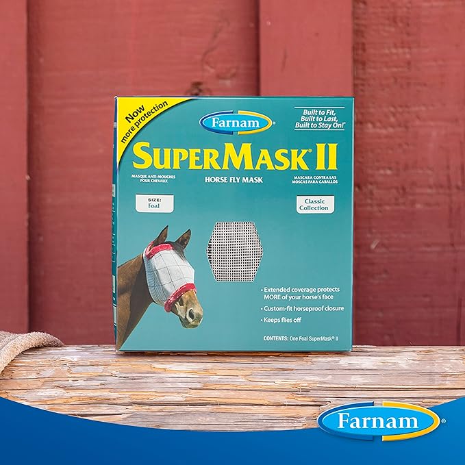 Farnam SuperMask II Fly Mask Without Ears for Foals, Full Face Coverage and Eye Protection from Insect Pests, Structured Classic Styling Mesh with Plush Trim, Foal Size-PawvioPets