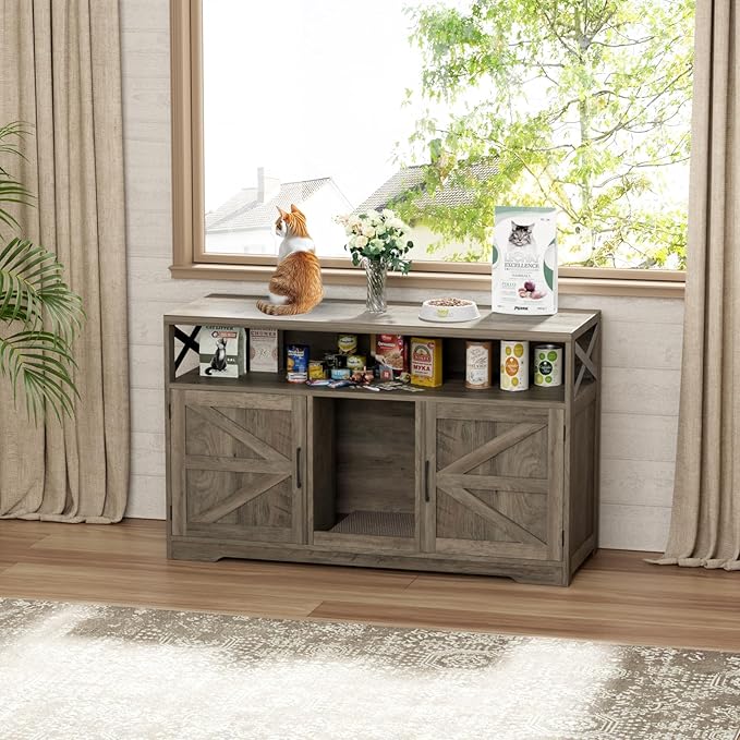 Cat Litter Box Enclosure for 2 Cats, 47" Double Hidden Litter Box Furniture with Scratch Pad, Farmhouse Indoor Litter Box Cabinet Cat Washroom, Grey-PawvioPets