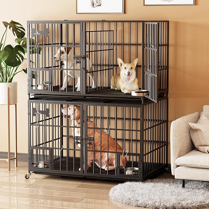 aboxoo 48 inch Stackable Heavy Duty Metal Dog Crate for 4 Dogs/Large Dog,All Metal Open Top Access,Escape Proof Cage,Dog Kennel Indoor with Wheels,Floor Grid, Tray, Divider and Feeding Bowl-PawvioPets
