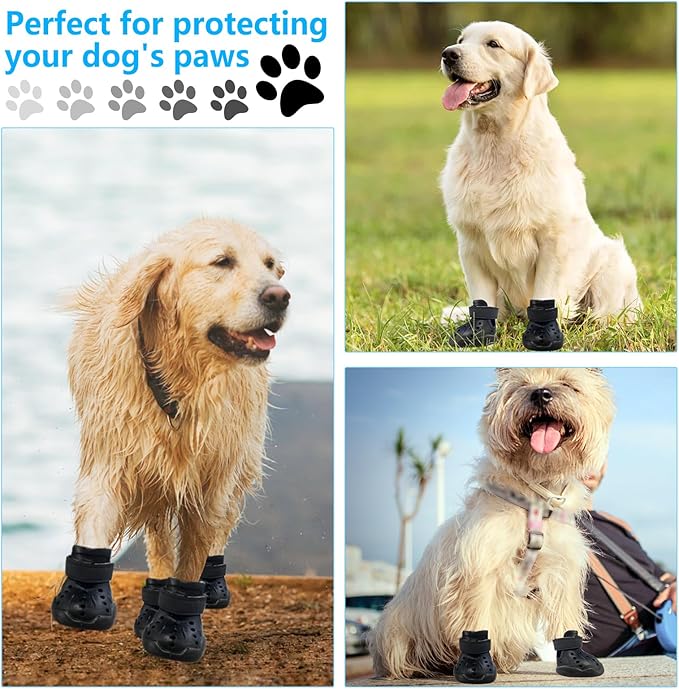 Dog Shoes, Dog Sandals for Hot Pavement, Non-Slip Waterproof Dog Booties for Winter Snowy Day and Summer, Adjustable Straps Easy-Clean Beach Outdoor Pet Boots Rugged Sole-4Pcs Black-PawvioPets