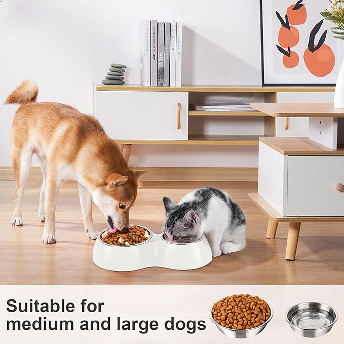 Double Dog Bowls Set – Non-Slip Pet Food & Water Dishes with Resin Stand, Includes Small (1 Cup) & Medium (2 Cups) Bowls – Ideal for Puppies, Cats, and Medium Dogs – White-PawvioPets