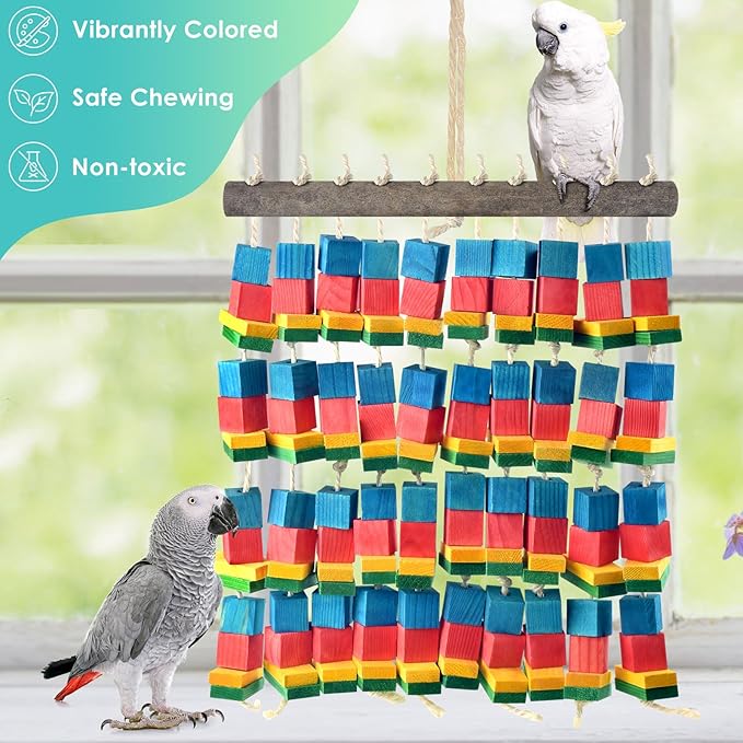 Extra Large Bird Toys, 21.6inch XL Macaw African Grey Parrot Chewing Toys, Natural Wooden Block Knots Tearing Toy Parrot Cage Accessories for Big Birds-PawvioPets
