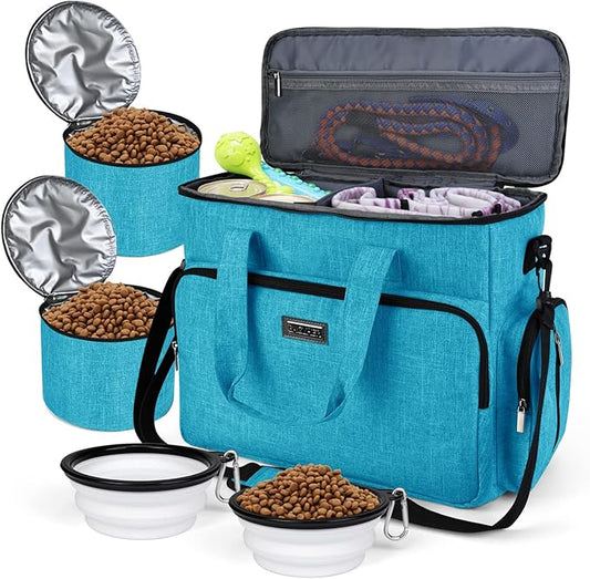 BAGLHER Dog Travel Bag, Pet Travel Bag (ALL Pet Travel Supplies), With 2 Pet Food Containers and 2 Collapsible Silicone Bowls; Essential Kits for Pet Travel Sky Blue-PawvioPets
