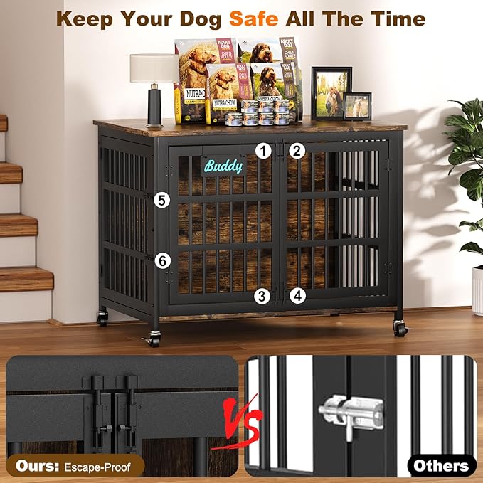EasyCom 42"/41"/33" Dog Crate Furniture with Name Tag, XL Heavy Duty Dog Kennel Indoor for Large and Medium Dogs, Double-Doors Sturdy Dog Cage for Anxiety Dog, Decorate House as TV Stand-PawvioPets