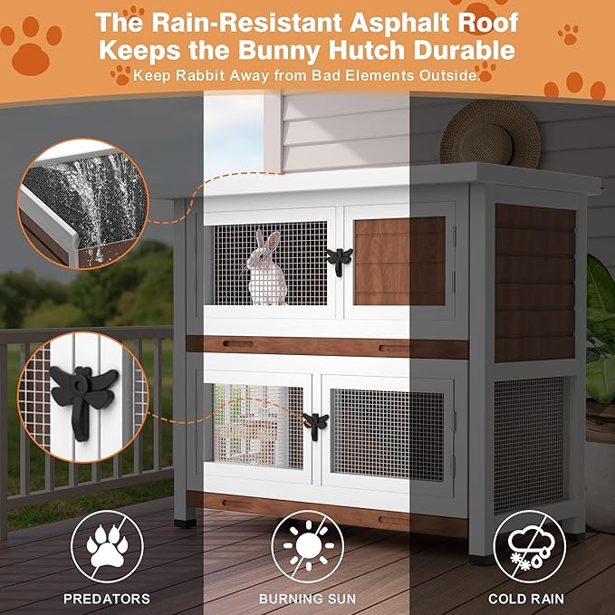 2 Story Rabbit Hutch, Indoor Outdoor Bunny Hutch Solid Wood Rabbit Cage with Removable Trays, Waterproof Asphalt Roofs and Ventilation Door, Small Animal House for Rabbit Guinea Pig Ferret, Walnut-PawvioPets