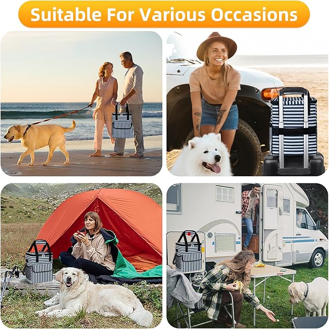 Dog Travel Bag for Camping - Pet Travel Accessories with 2 Collapsible Bowls, 2 Food Containers & Waterproof Feeding Mat - Portable Dog Carrier, Stripe (Small)-PawvioPets