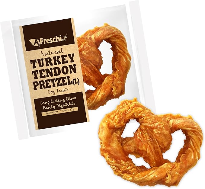 Afreschi Natural Turkey Tendon Pretzel (L) 1 Unit per Pack, Dog Treats for Signature Series, All Natural Human Grade Puppy Chew, USA-Sourced Turkey Tendon, Hypoallergenic, Rawhide Alternative-PawvioPets