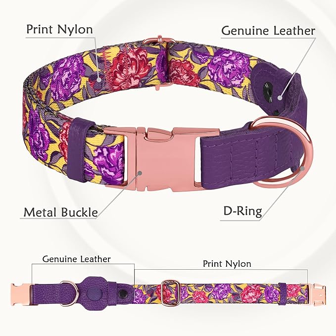 AirTag Dog Collar for Small Medium Large Breed - Adjustable Cute Pattern Dog Collar with Airtag Holder - Soft Leather Tracker GPS Apple Air Tag Pet Collars (X-Large, 20"-25" Neck Fit, Peonies)-PawvioPets