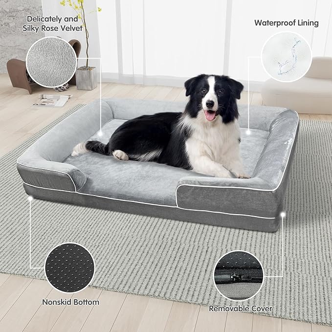 Dog Beds for Large Sized Dogs,Washable Orthopedic Memory Foam Dog Couch Sofa Bed with Bolster,Removable Cover,42x30Inch,Grey-PawvioPets