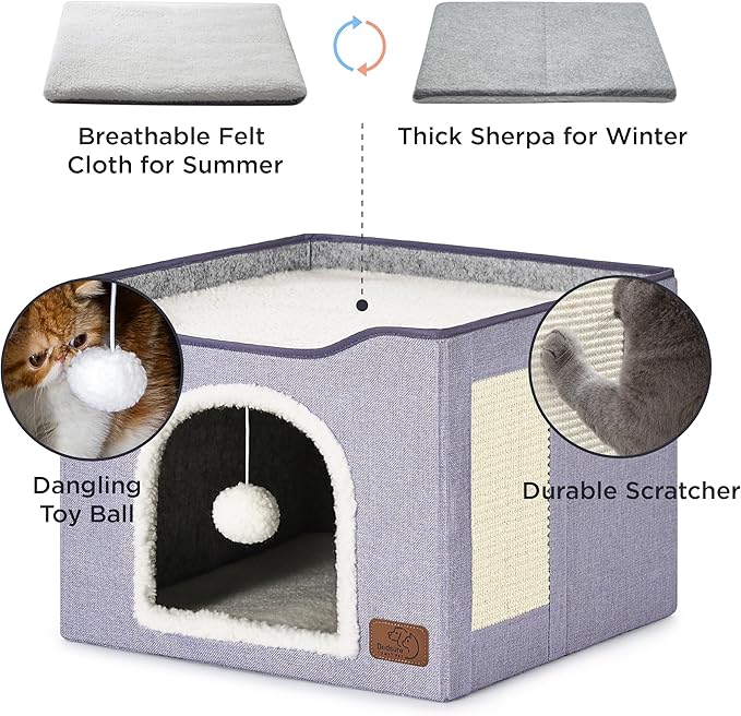 Bedsure Cat Beds for Indoor Cats - Large Cat Cave for Pet Cat House with Fluffy Ball Hanging and Scratch Pad, Foldable Cat Hideaway, 16.5x16.5x13 inches, Cloud Purple-PawvioPets