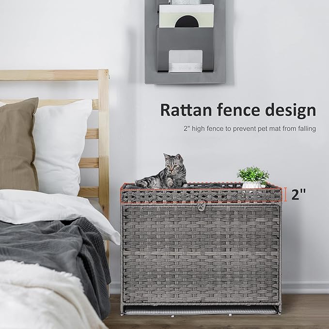 Cat Litter Box Enclosure with Soft Litter Mat; Hidden Kitten Washroom Furniture with Door; Handwoven Rattan Cat House with Large Space; Pet Crate for Living Room, Bedroom, Balcony (Grey)-PawvioPets