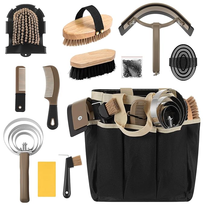 Abbylike 12 Pieces Horse Grooming Kit with Organizer Tote Bag Tack Room Supplies Horse Brush Sets Equine Care Cleaning Kit Shedding Grooming Massaging Tools(Khaki)-PawvioPets