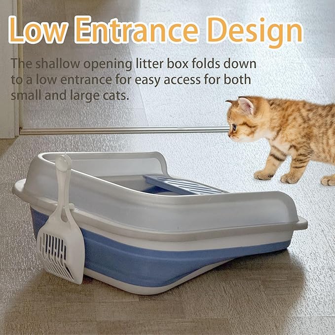 Collapsible Kitten Litter Box, Open Small Cat Litter Box with High Side Shallow Kitten Litter Pan Anti-Splashing Waterproof Low Entry Travel Litter Pan with Falling Sand Pedal-PawvioPets