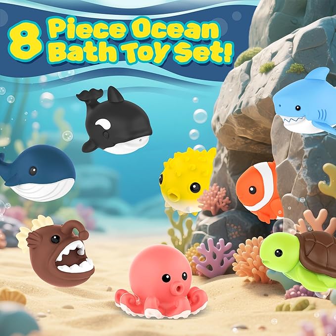 8 PCS Ocean Animal Bath Toys Mold Free Infant Bath Tub Toys for 12 Months - No Hole Bathtub Toys for Toddlers 1-3 Water Pool Toys for Baby Toddler Ages 1+-PawvioPets