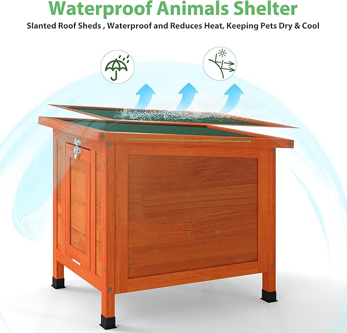 Coziwow Rabbit Hutch, Outdoor Cat House Weatherproof, Bunny Cage Indoor with Openable, Portable Small Animals Shelters with Nonslip Ramp for Hideout Rabbits/Feral Cats/Chicken/Small Animals-Orange-PawvioPets