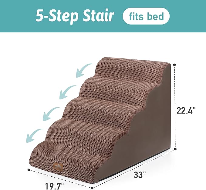 Extra Wide Dog Stairs 19.7" Width, Large Pet Step for Small Medium Dog, Puppy or Cat, Ramp for High Bed or Car, High Density Foam Ladder, Stable, 5 Step, 19.7x33x22.4 inch, Brown-PawvioPets