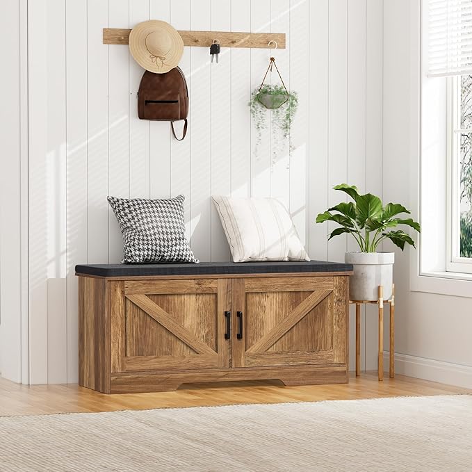 2-Tier Storage Bench, Shoe Bench with Padded Seat Cushion, Entryway Bench with 2 Barn Doors, Adjustable Shelf, 13.8" D x 39.4" W x 17.7" H, for Entryway, Living Room, Bedroom, Rustic Walnut-PawvioPets