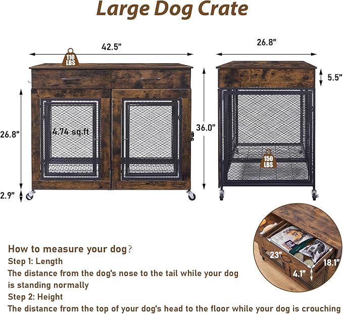 43" Large Dog Crate Furniture, Wood Dog Kennel End Table with Drawers, Decorative Pet Crate with Removable Partitions & Wheels, Dog House Indoor for Large/Medium/Small Dogs-PawvioPets