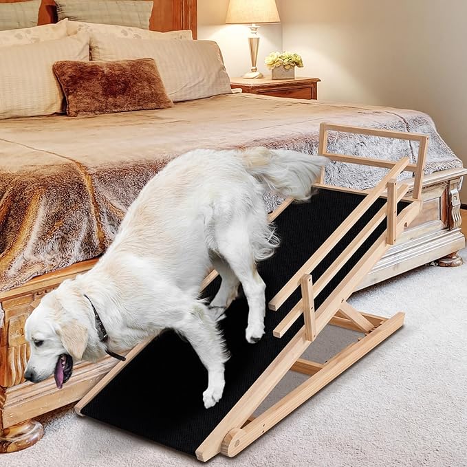Dog Ramp for Bed, Adjustable Pet Ramps for Dog to Get on Bed, Non-Slip Rubber Surface - Folding Wooden Dog Ramp for Small/Large/Old Dogs, Adjustable up to 23.5 inch High Beds, Safety Railings-PawvioPets