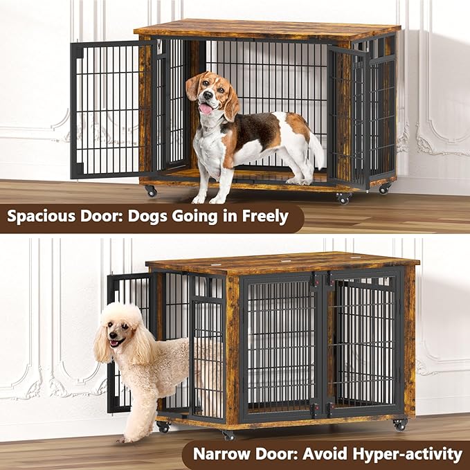 EasyCom 90% Pre-Assembled 33" Small and Meidum Dog Kennel Indoor Furniture, Wooden Dog Crate Furniture with Top-Access Teasing/Feeding Doors, for Medium and Small Breed, with Wheels Moveable-PawvioPets