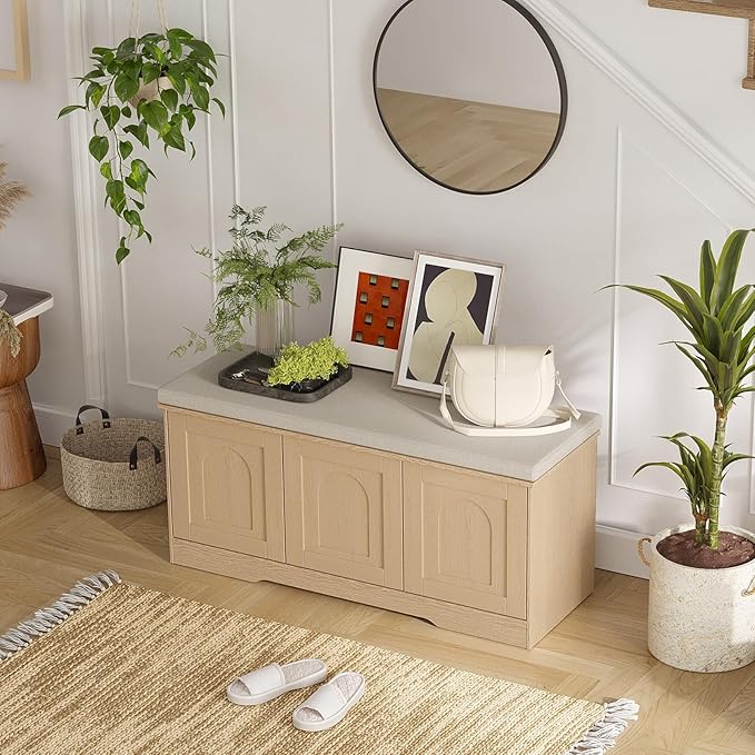 DINZI LVJ Shoe Bench, Entryway Storage Bench with Doors, Cushion, 2-Tier Shoe Rack with 6-Cubby, 39.4”L x 13.8”W Shoe Organizer Cabinet, Adjustable Shelf, Living Room, Bedroom, Natural-PawvioPets