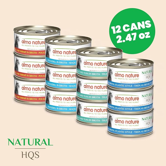 Almo Nature: HQS Natural Cat Pack 2 - (12) 2.47oz Can, Adult Cat Wet Canned Food - 3 Each: Atlantic Tuna, Mackerel, Trout & Tuna, Chicken & Shrimp-PawvioPets