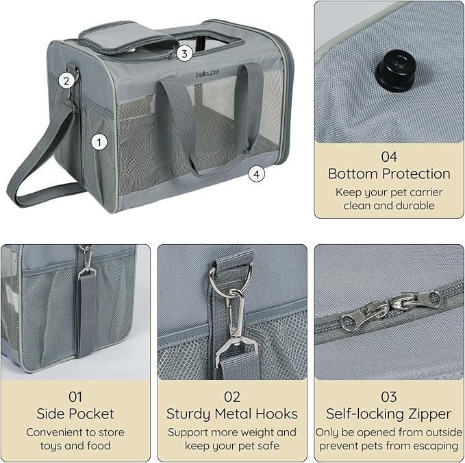 BELLA & PAL Cat Carrier Travel Bag, Airline Approved Lightweight Cat Carrier, Soft Sided Pet Carrier for Puppy Dogs Up to 18lbs, Collapsible Kitten Bag with Removable Waterproof Mat, Ventilated Mesh-PawvioPets