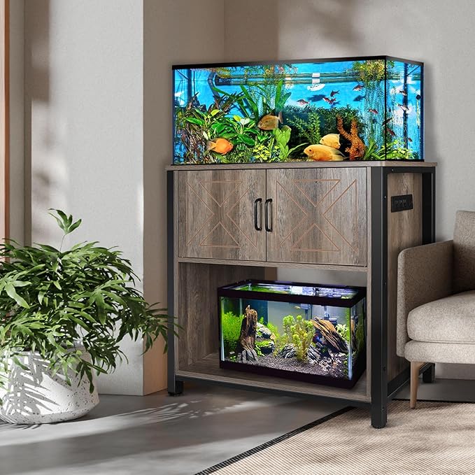 40 Gallon Aquarium Stand with Cabinet & Power Outlets, Heavy Duty Metal Stand for 40-50 Gallon Breeder & Turtle Tanks, Double Terrarium Stand, 660LBS Capacity, Grey-PawvioPets