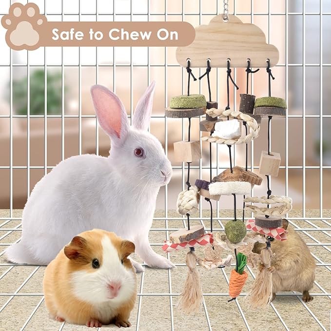 Bissap Rabbit Chew Toy, Bunny Cage Hanging Chew Toys and Treats Wooden with Snacks for Guinea Pigs Chinchillas Hamsters Rats and Other Small Pets Teeth Grinding-PawvioPets