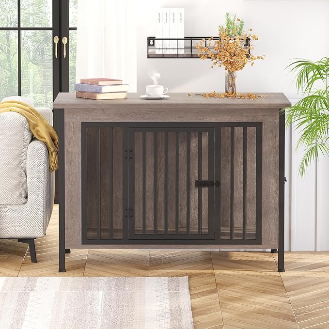 EasyCom 39.96" XL Wooden Large Dog Crate Furniture for Medium and Large Breed, Chew-Resistant Dog Kennel Furniture Indoor with 2 Doors and 3.94" Raised Feet, as TV Stand, End Table, Crate Table-PawvioPets
