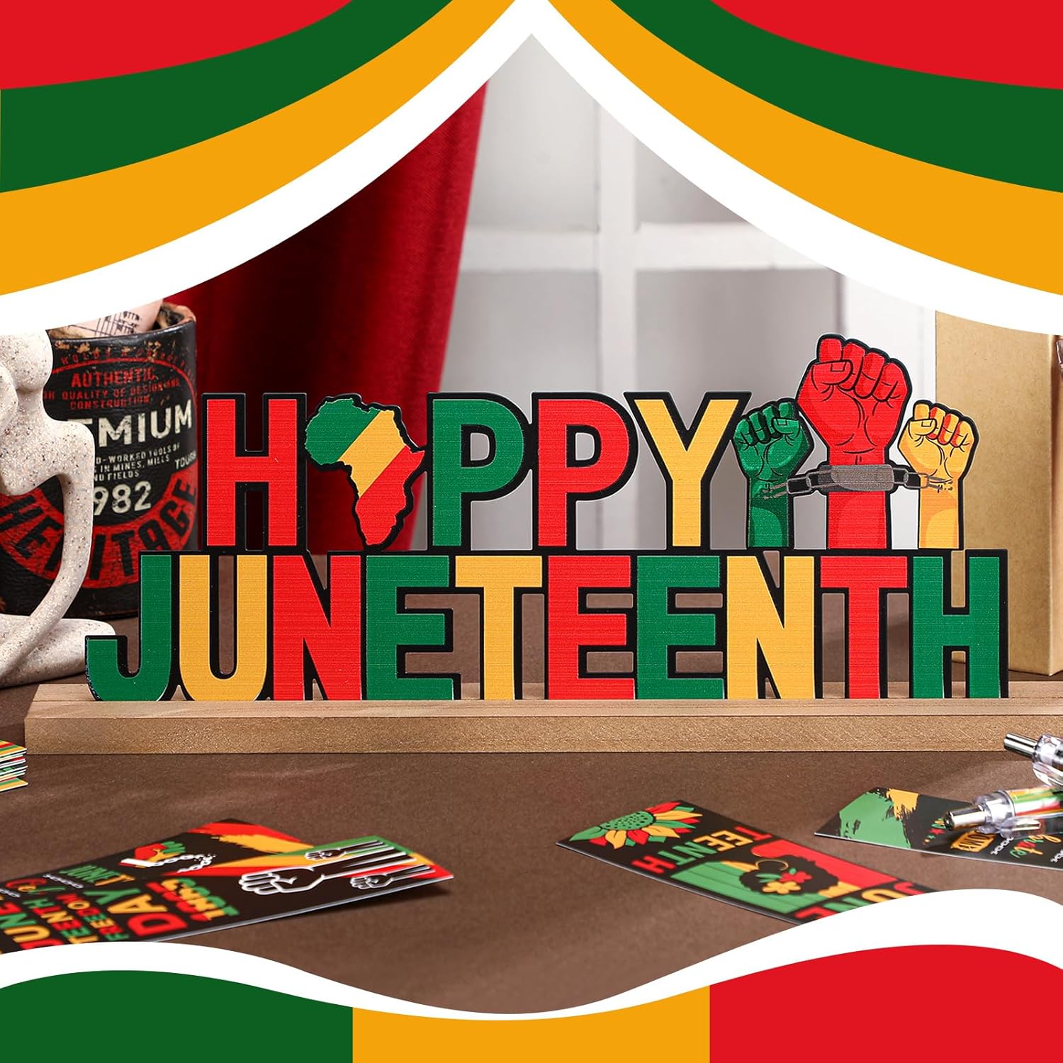 Happy Juneteenth Metal Sign Rustic Table Decor Holiday Tiered Tray Decor with Wooden Base Freestanding Metal Word Sign for Home Tabletop Centerpiece Mantel Shelf Fireplace