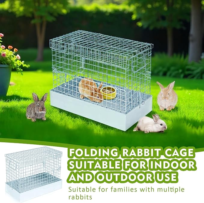 Folding Rabbit Cage, 18 x 10 x 14 in Portable Bunny Carrier with Tray and Handles for Transport, Travel or Temporary Housing, Indoor Outdoor Pet Habitat Animal Enclosure-PawvioPets