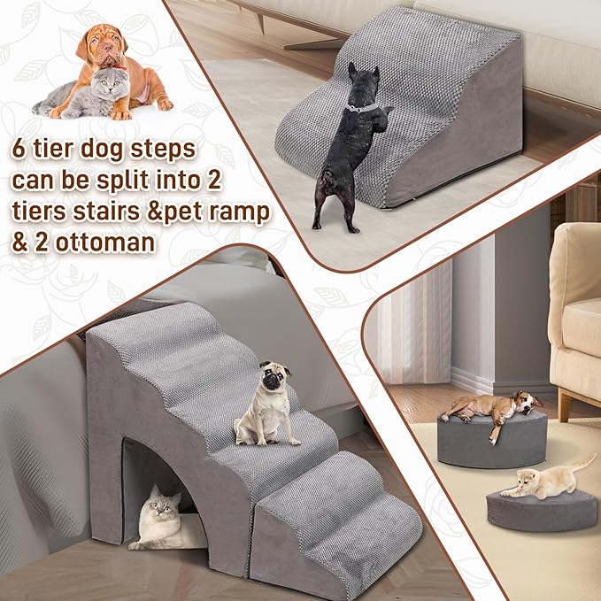 Foam Dog Stairs & Steps Ramps for High Beds 30 inches Tall for Small Dogs and Cats, LitaiL 6 Step Pet Stairs Steps for High Beds 30 inch Large Dogs, Non-Slip Dog Ramps for Older Cat-PawvioPets