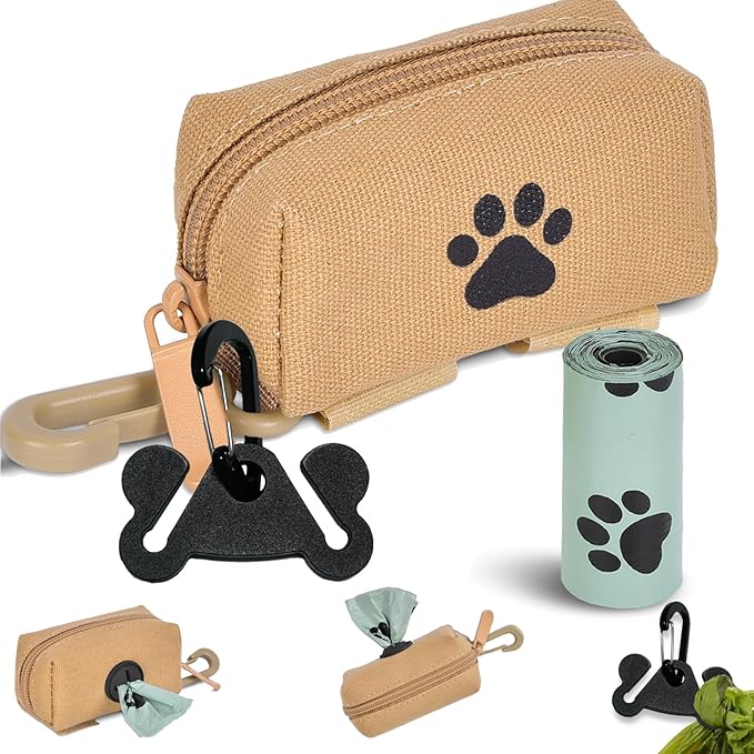 Dog Waste Bag Dispenser Pet Poop Bag Dispenser for Leash Accessory dog Poop Bag Holders Fits Dog Leash Include Hand Free Holder, Khaki, No-KaqiXB-PawvioPets