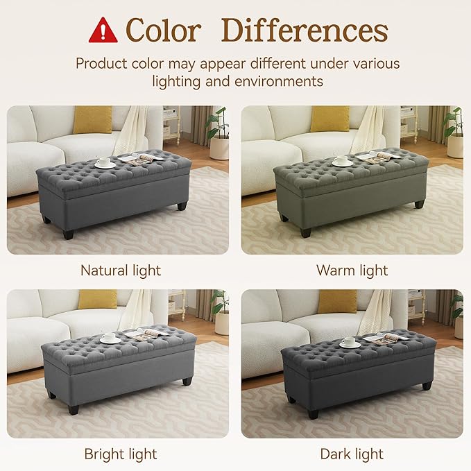 51" Fabric Storage Ottoman Bench, Upholstered Rectangle End of Bed Storage Ottoman Tufted Living Room Bedroom Bench with Safety Hinge, Solid Wood Legs, Loads 500 lb(Dark Grey)-PawvioPets
