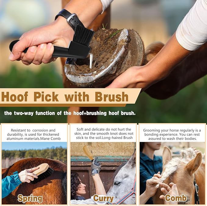 Abbylike 12 Pieces Horse Grooming Kit Racing Festival Tack Room Supplies Horse Brush Sets Equine Care Cleaning Kit Shedding Grooming Massaging Tools(Black)-PawvioPets