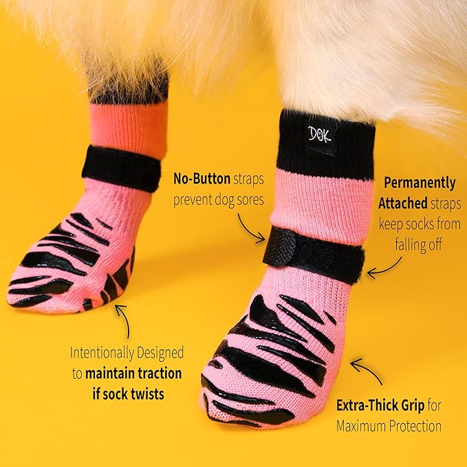 DOK TigerToes Premium Non-Slip Dog Socks for Hardwood Floors - Extra-Thick Grip That Works Even When Twisted - Prevents Licking, Slipping, and Great for Dog Paw Protection (XXS, Sassy Pink)-PawvioPets