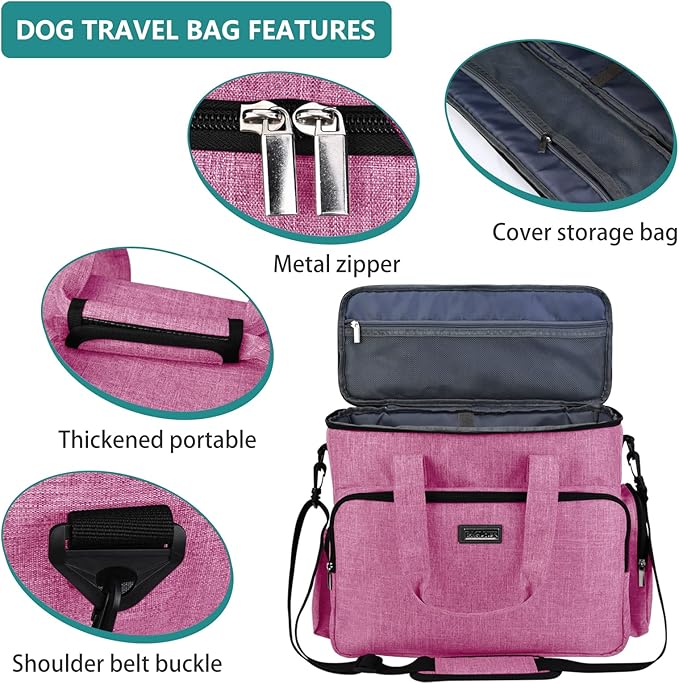 BAGLHER Dog Travel Bag, Pet Travel Bag (ALL Pet Travel Supplies), With 2 Pet Food Containers and 2 Collapsible Silicone Bowls; Essential Kits for Pet Travel Pink-PawvioPets